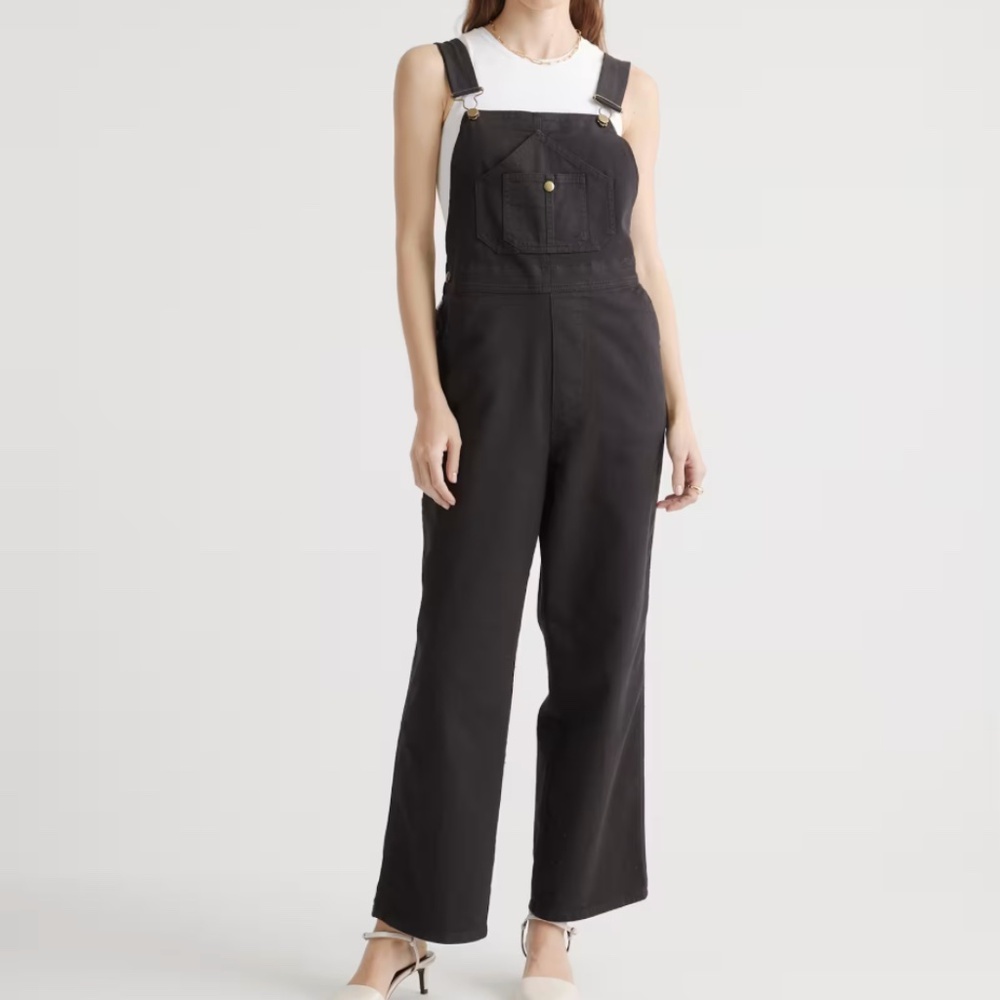 Quince Black Wide-Leg Overalls with Bib Pocket